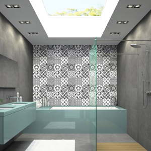Sada 9 nástěnných samolepek Ambiance Wall Decal Tiles Azulejos Shades of Gray Sotchi, 15 x 15 cm