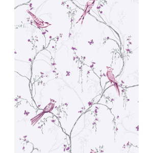 Bílá nástěnná tapeta Graham & Brown Songbird Lilac, 0,52 x 10 m