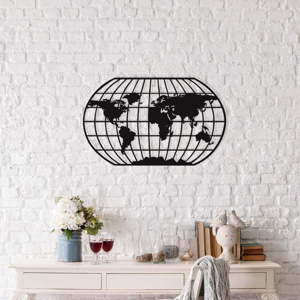 Černá kovová nástěnná dekorace Oval World Map, 88 x 49 cm