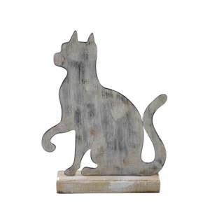 Velká šedá kovová Dekorace na dřevěném podstavci s motivem kočky Ego Dekor, 19,5 x 25 cm