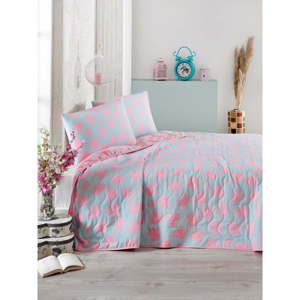 Modro-růžový přehoz přes postel na dvoulůžko s povlaky na polštáře Pari, 200 x 220 cm