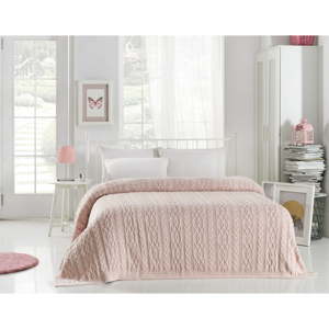 Světle růžový přehoz přes postel Knit, 220 x 240 cm
