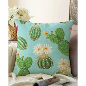 Modro-zelený povlak na polštář s příměsí bavlny Minimalist Cushion Covers Blooming Cactus, 55 x 55 cm