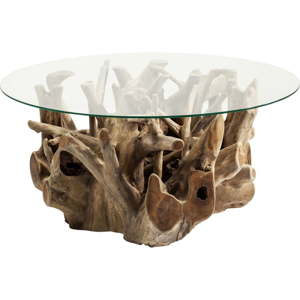 Skleněný odkládací stolek s podstavcem z teakového dřeva Kare Design Roots, Ø 100 cm