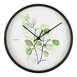 Zeleno-bílé nástěnné hodiny v černém rámu Karlsson Eucalyptus, ø 26 cm