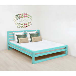Tyrkysově modrá dřevěná dvoulůžková postel Benlemi DeLuxe, 200 x 200 cm