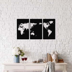 Sada 3 černých kovových nástěnných dekorací World Map, 29 x 49 cm