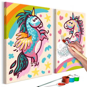 DIY set na tvorbu vlastního dvoudílného obrazu na plátně Artgeist Chubby Unicorns, 33 x 23 cm