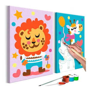 DIY set na tvorbu vlastního dvoudílného obrazu na plátně Artgeist Lion & Giraffe, 33 x 23 cm
