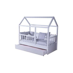 Bílá dětská dvoulůžková postel ve tvaru domečku s další výsuvnou postelí Mezzo My House, 90 x 190 cm