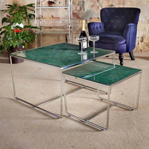 Sada 2 konferenčních stolků s podnožím ve stříbrné barvě a zelenou mramorovou deskou RGE Stella