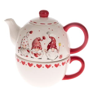 Červeno-bílá keramická konvice na čaj s motivem trpaslíků Dakls
