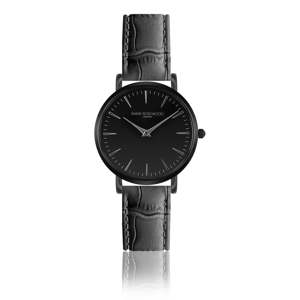 Černé hodinky s šedým koženým řemínkem Annie Rosewood Deep Dark Croc