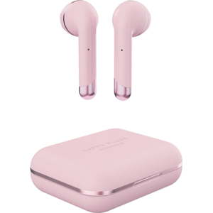 Růžová bezdrátová sluchátka s detaily ve zlaté barvě s krabičkou Happy Plugs Air 1