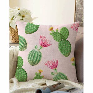 Růžovo-zelený povlak na polštář s příměsí bavlny Minimalist Cushion Covers Blooming Cactus, 55 x 55 cm