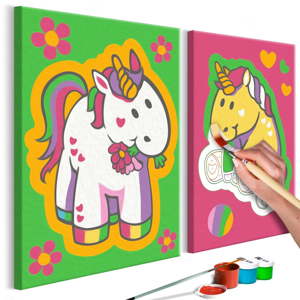 DIY set na tvorbu vlastního dvoudílného obrazu na plátně Artgeist Lovely Unicorns, 33 x 33 cm