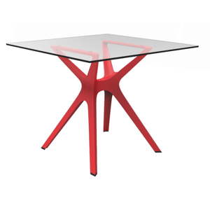 Jídelní stůl s červenýma nohama a skleněnou deskou vhodný do exteriéru Resol Vela, 90 x 90 cm