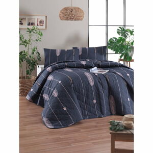 Modrý přehoz přes postel s povlakem na polštář z ranforce bavlny EnLora Home Modena, 180 x 225 cm