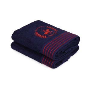 Sada dvou tmavěmodrých ručníků s červeným detailme Beverly Hills Polo Club Horses, 90 x 50 cm